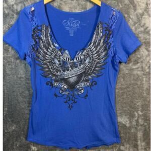 Y2K Sinful by Affliction Sacred Heart Rhinestone Grunge Shirt Women’s XL Blue